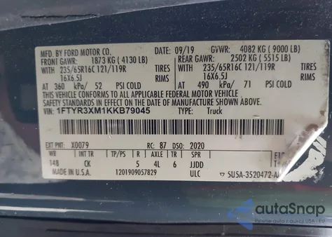 2019 Ford Transit-250 z USA, uszkodzony, nr VIN 1FTYR3XM1KKB79045